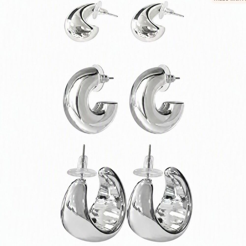 3 Pcs Silver Tone C-Shaped Teardrop Lightweight Dangle Fashion Earrings Set